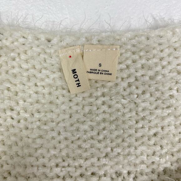 Moth | Anthropologie NWT White Soft Chunky Knit Metallic Stripe Fringe Sweater - Picture 10 of 12